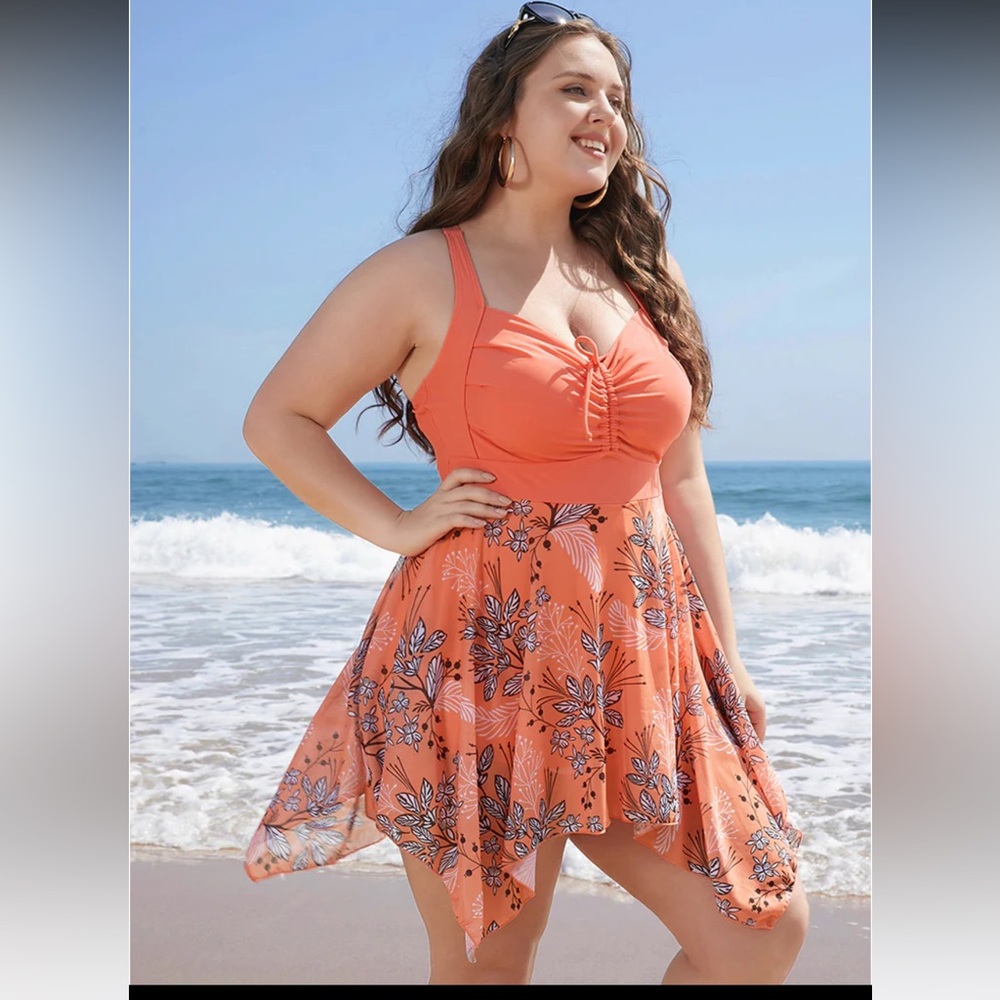 Floral Drawstring Crisscross Back Hanky Hem Swim Dress